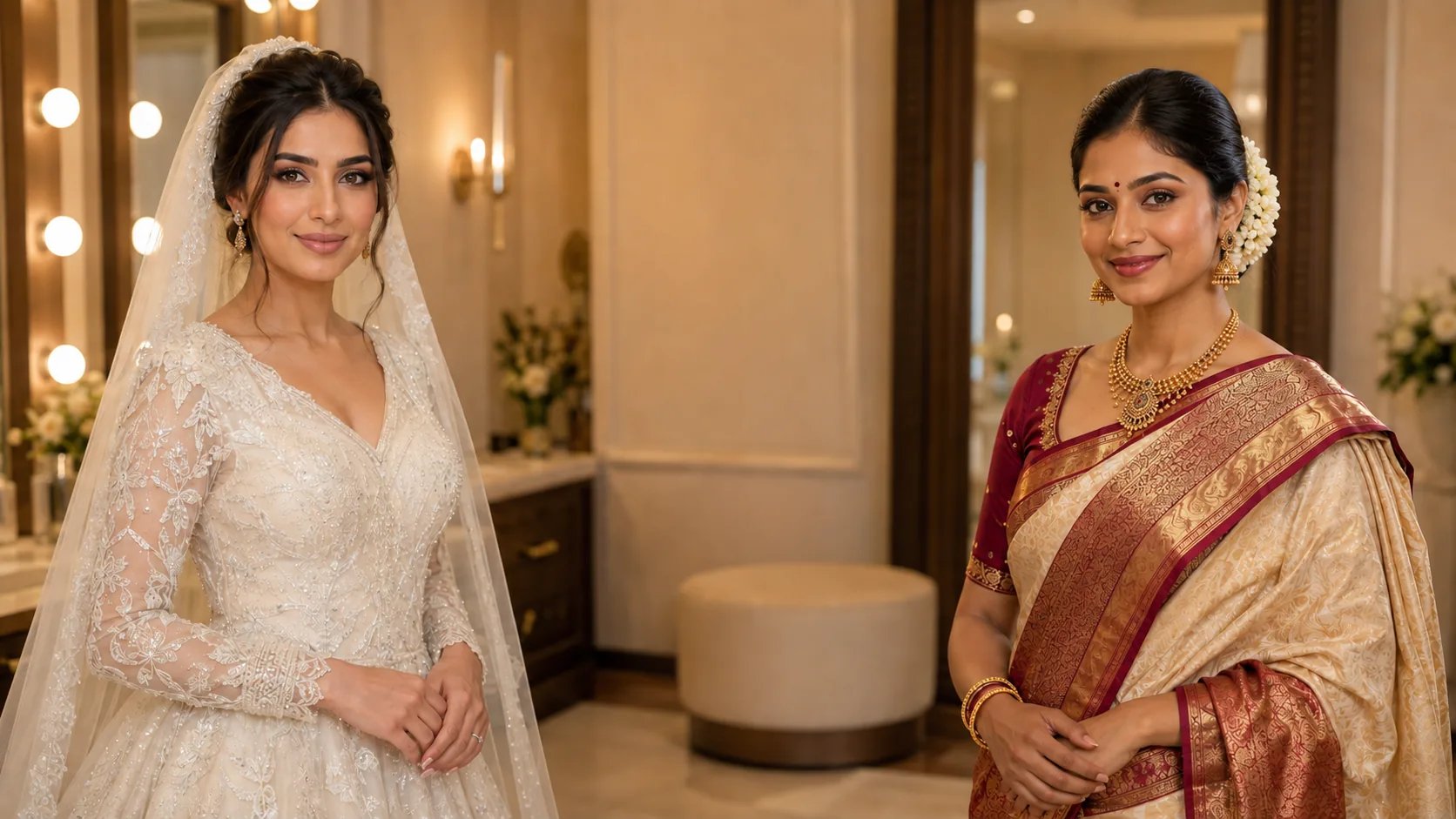 Arab bride and Indian woman in saree at a luxury beauty lounge