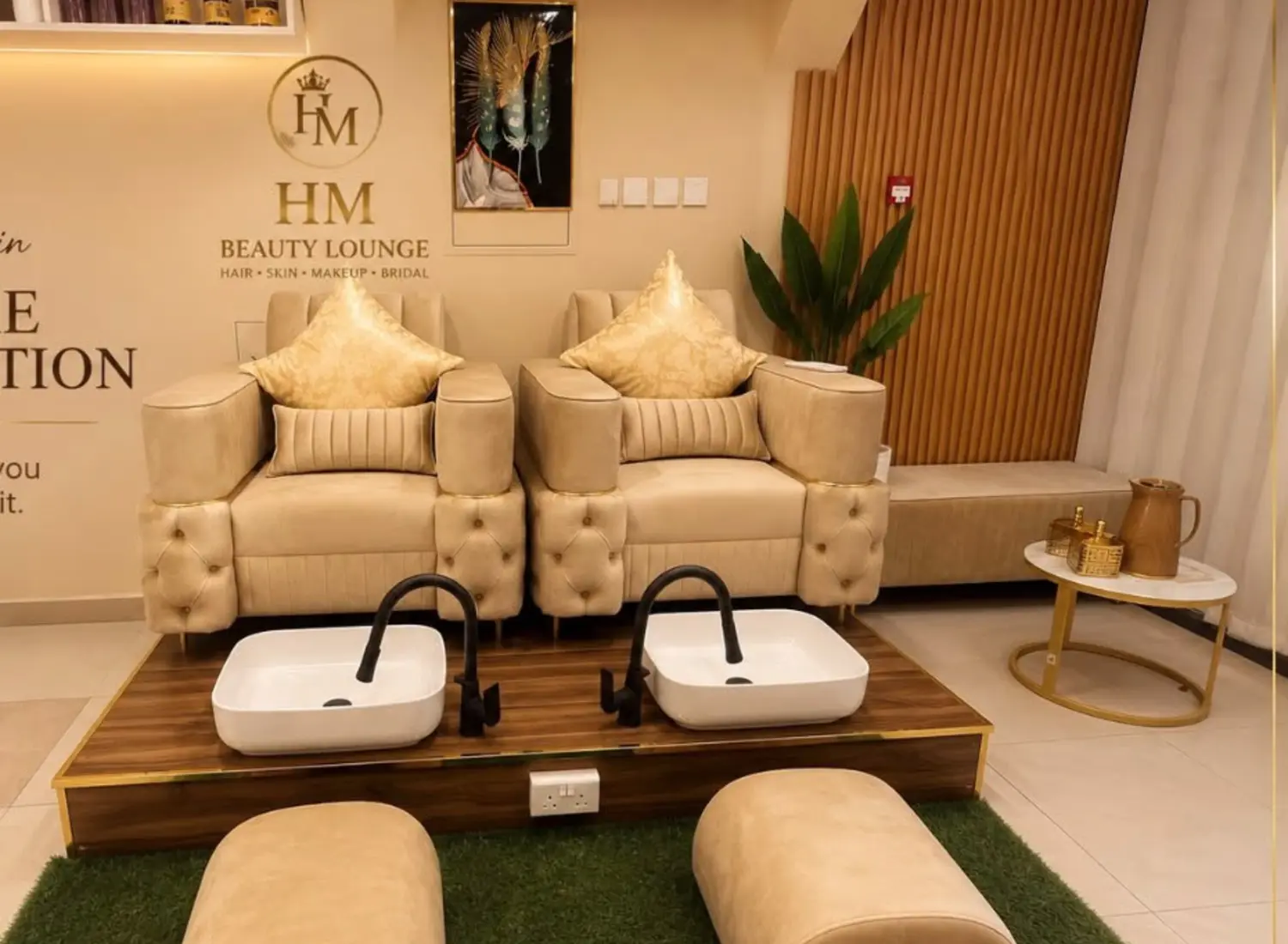 Luxury pedicure seating inside HM Beauty Lounge in the UAE